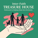 Illustration of a family and pets standing in a supportive hand with the Inter-Faith Treasure House logo and a heart symbol
